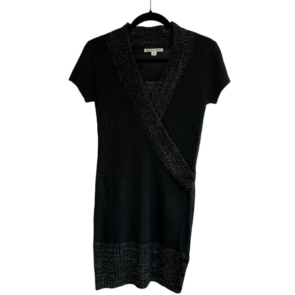 Y2K Dark Gray and Metallic Thread V-Neck Sweater Dress Tunic M 90s Madonna Vibe